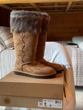 UGG Tall Chestnut Suede  Boots with Faux Fur Cuff